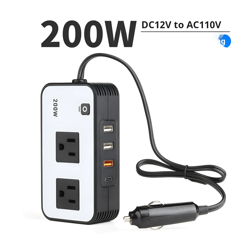 200W car inverter with double American standard socket and QC PD fast charging ports