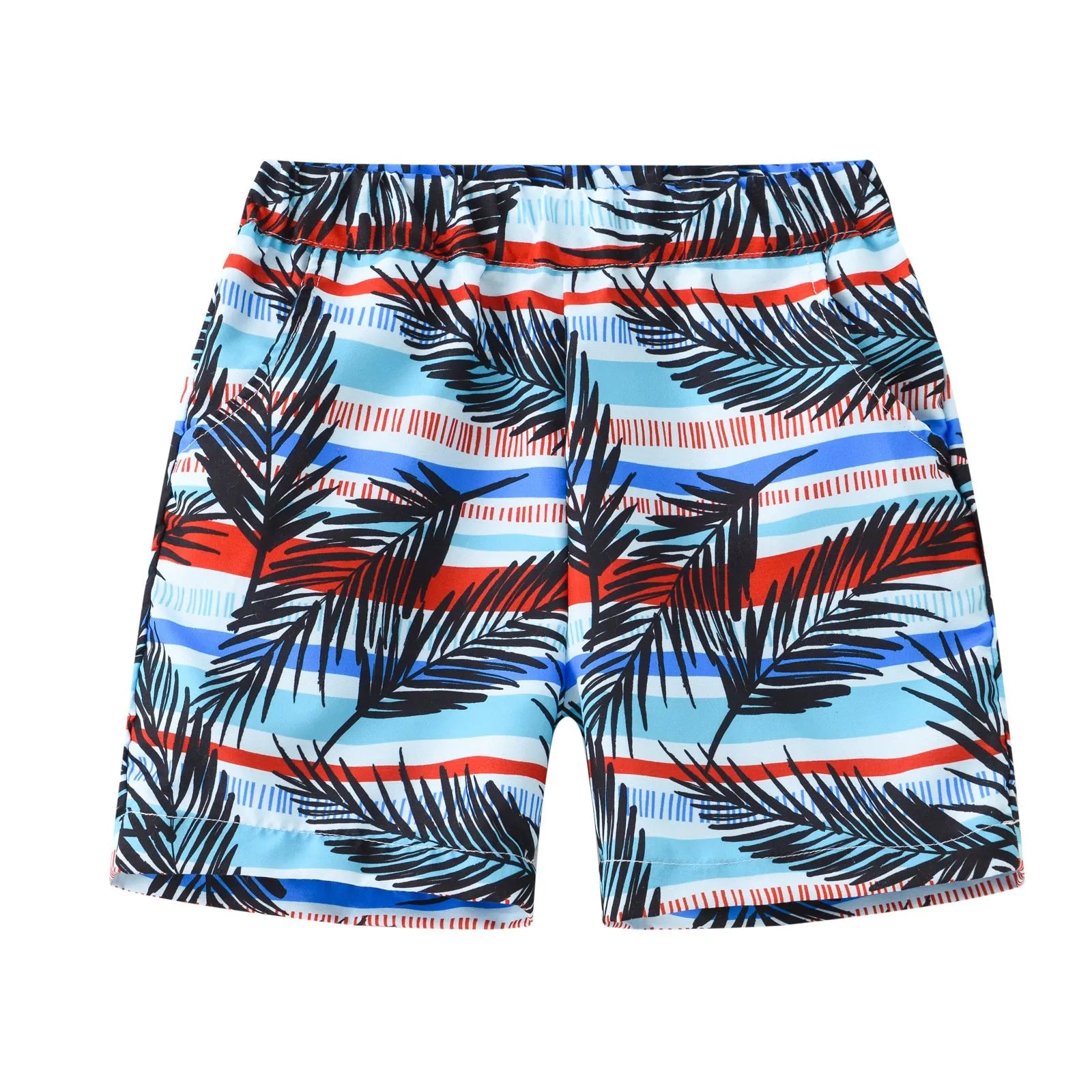 Printed beach shorts with elastic waistband in multiple colour patterns including coconut trees and pineapple design