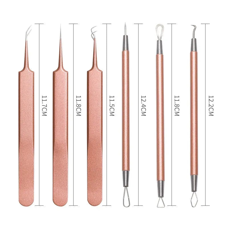 Six-piece stainless steel acne needle set in rose gold finish for blackhead and pimple removal