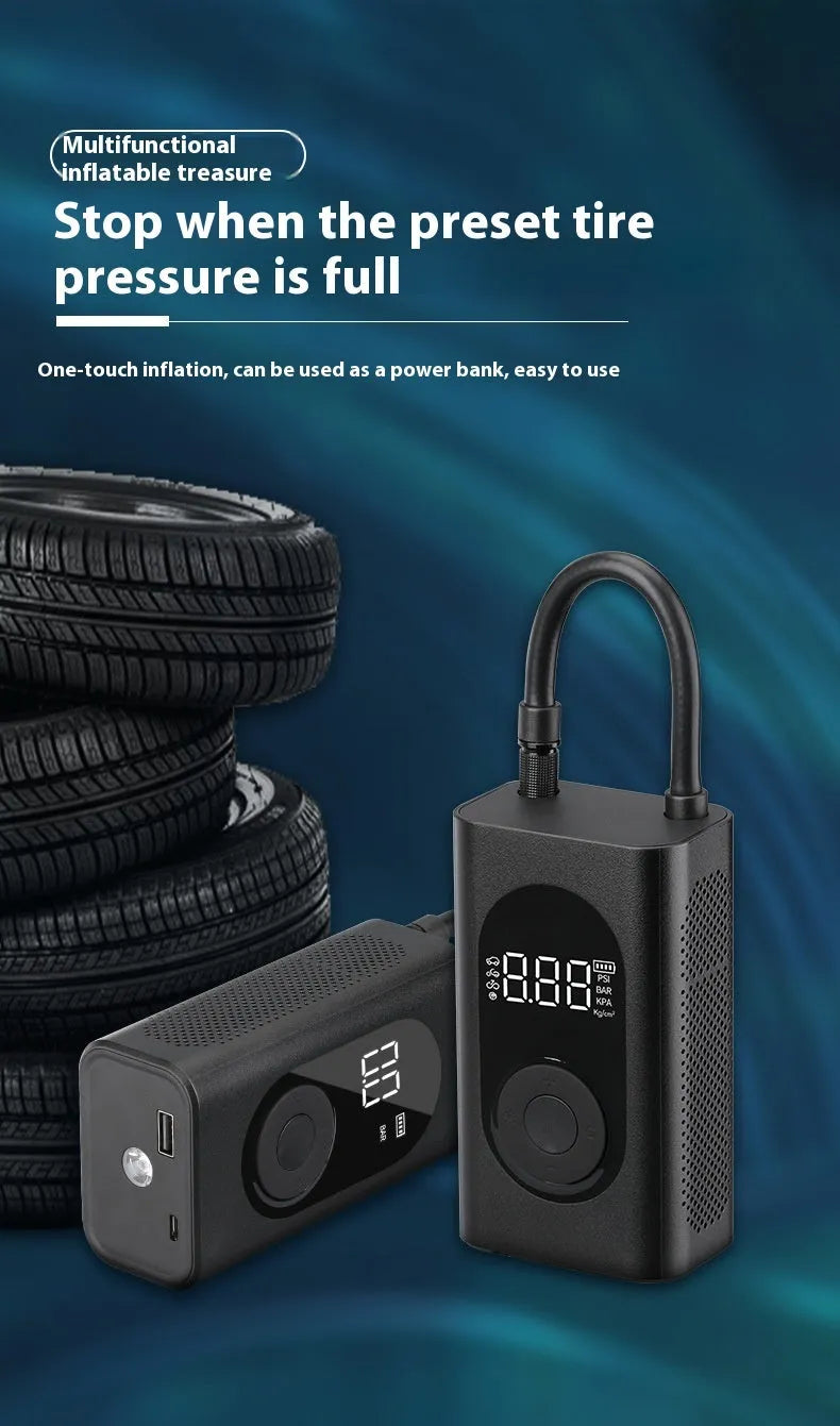 Portable handheld mini wireless tyre pump with power bank and flashlight on a grey background.