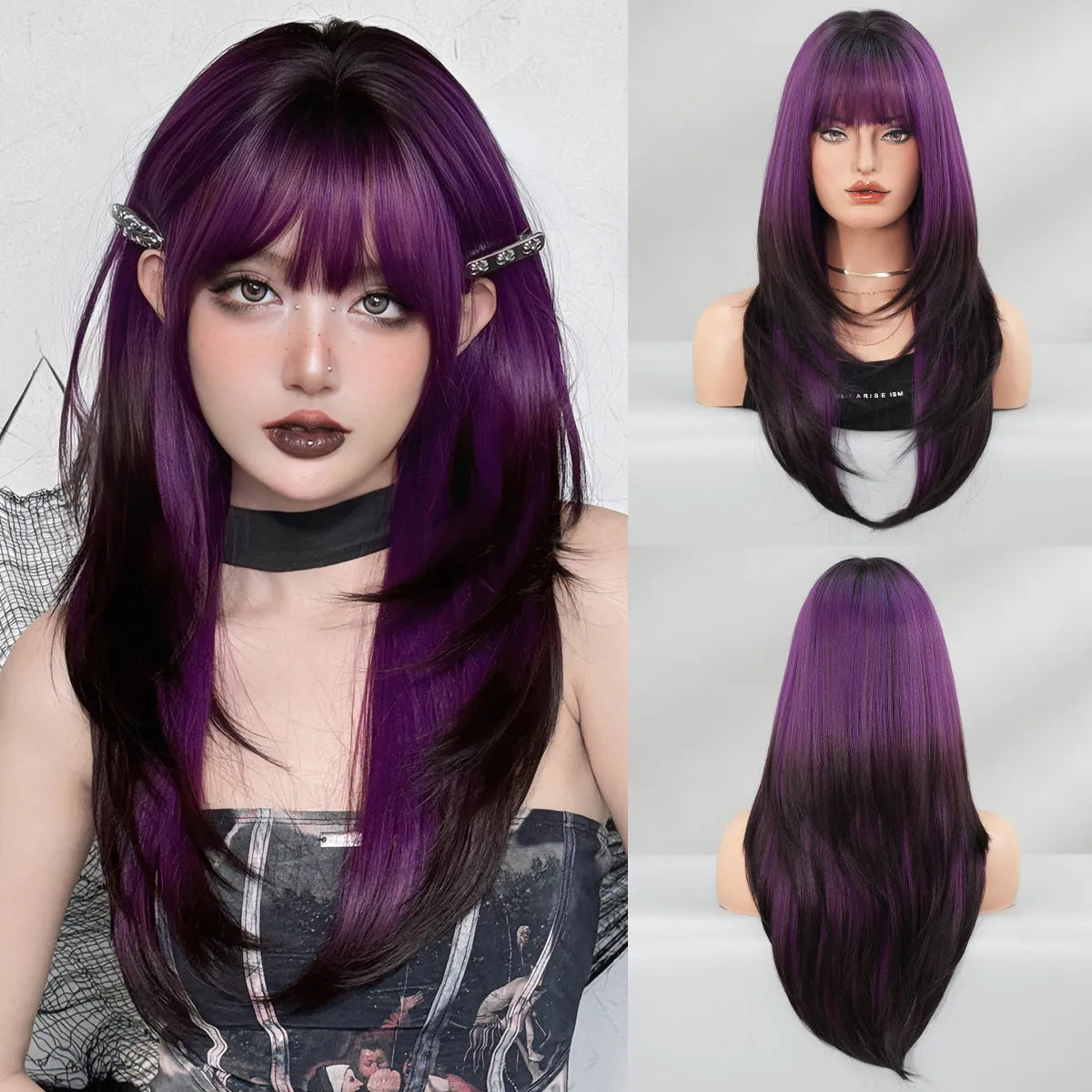 Vanilla green straight women's wig 63cm long with straight bangs and domestic silk material