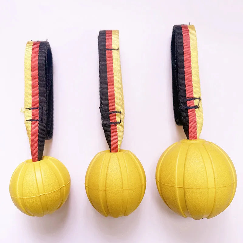 EVA floating pet training ball in camouflage colour showing tetherball design with knot attachment