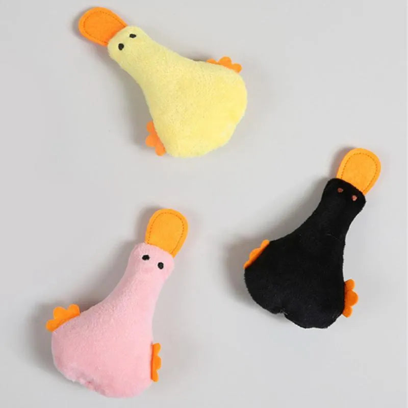 Yellow duck plush pet toy with squeaker and catnip filling for dogs and cats