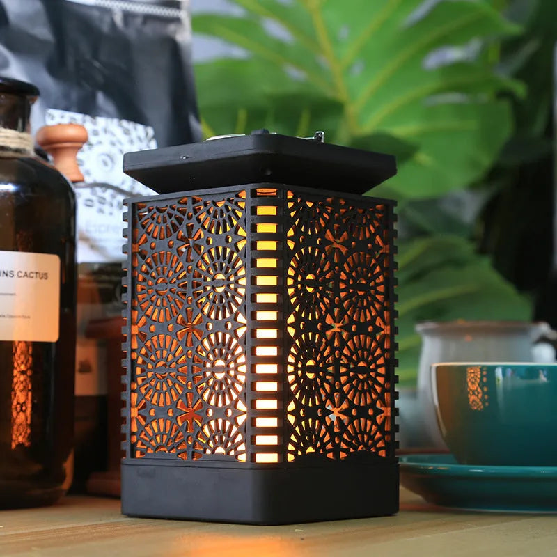 Solar-powered retro-style flame lamp for outdoor garden and patio lighting.