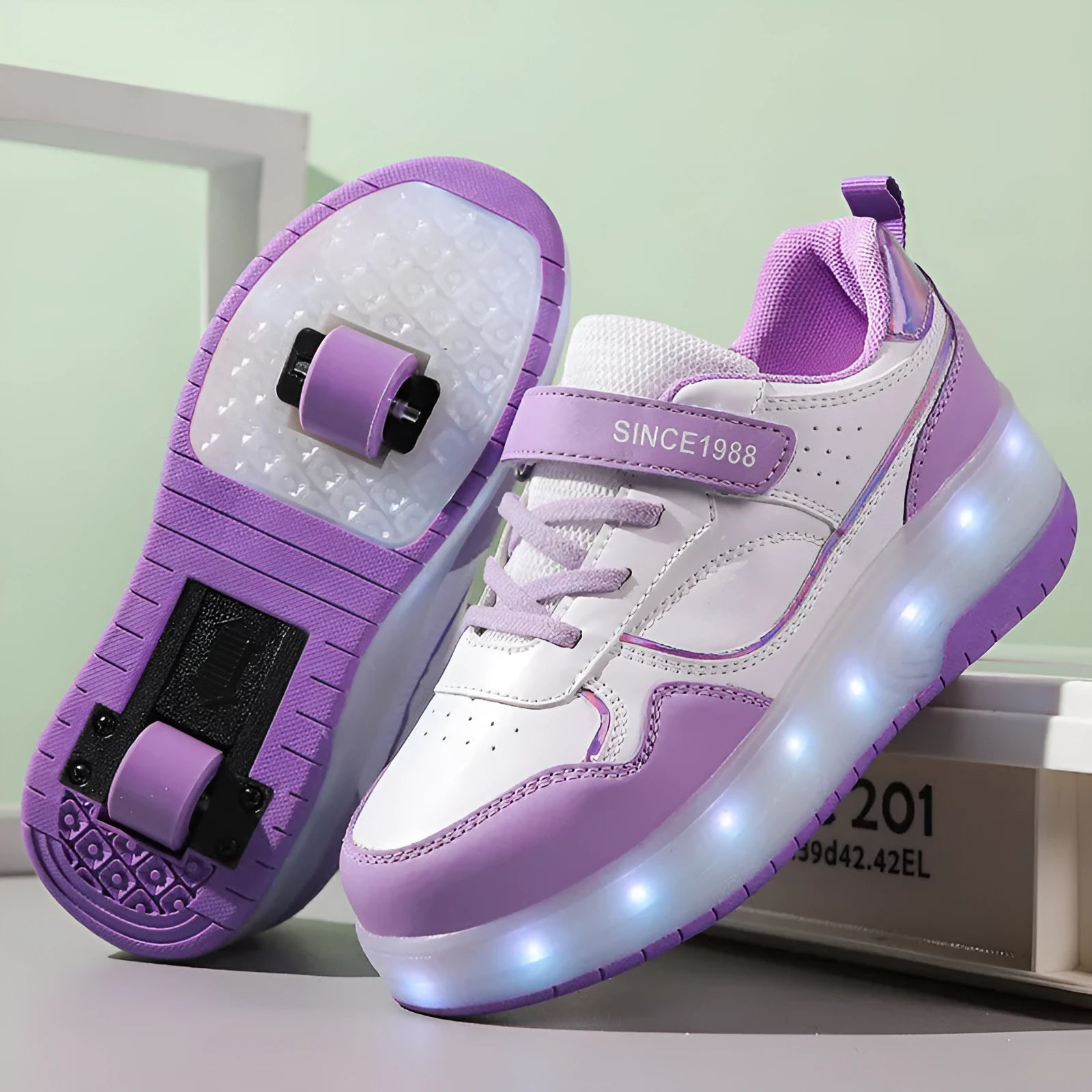 Boys and girls charging flash roller skates with LED lights in multiple colours and wheel configurations