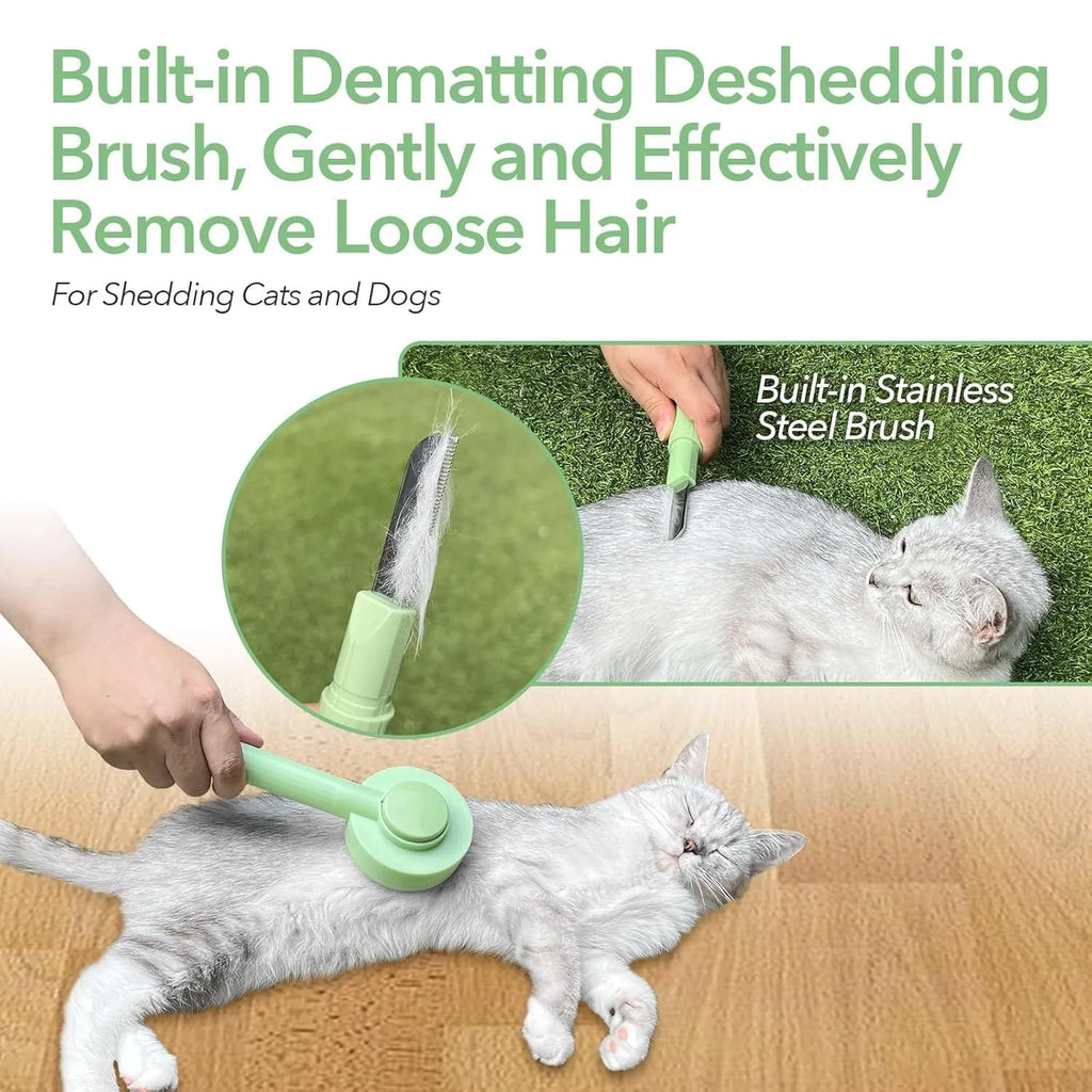 Green and yellow pet grooming brush with stainless steel comb for cats and dogs, showing hanging loop and curved teeth design