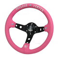 Pink leather steering wheel cover with embroidery, showing aluminium bracket and 13-inch size.