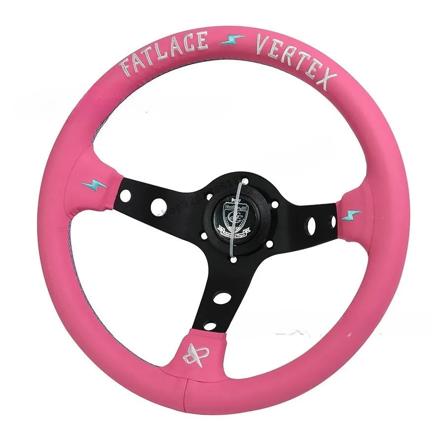 Pink leather steering wheel cover with embroidery, showing aluminium bracket and 13-inch size.