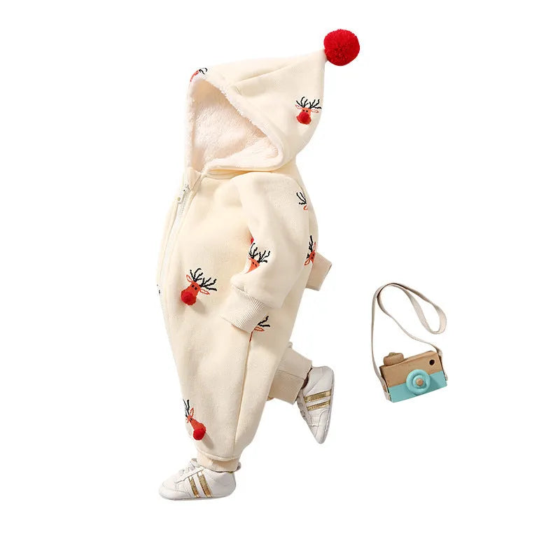 Khaki baby crawling suit with Christmas moose pattern showing padded one-piece construction