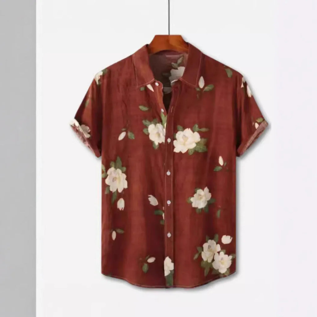 Hawaiian floral print lapel short sleeve shirt in street fashion style with elastic fabric