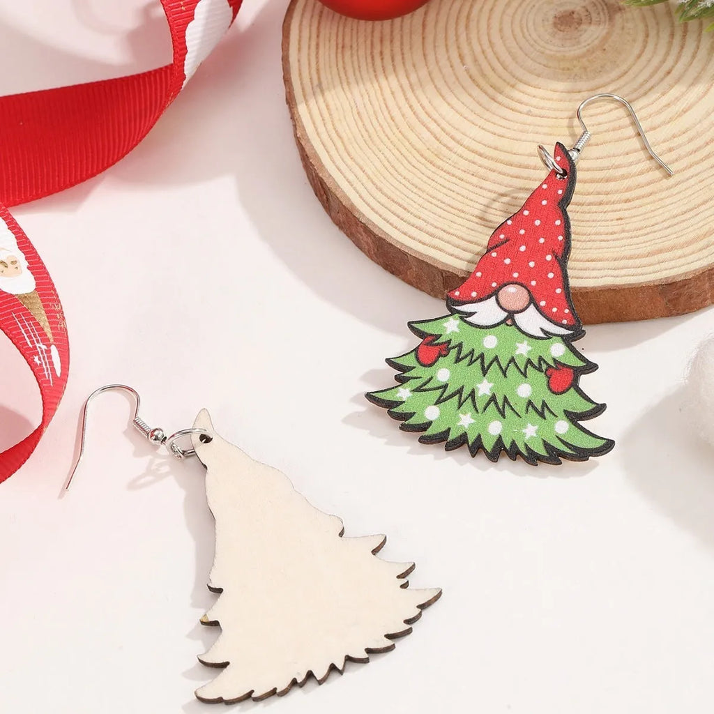 Wooden Christmas earrings with printed Santa Claus and geometric designs in Christmas tree and snowman styles