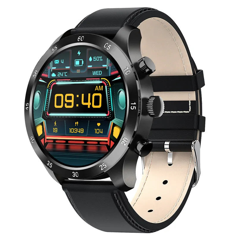 Black Bluetooth smartwatch with stainless steel strap showing a heart rate monitoring display on screen.