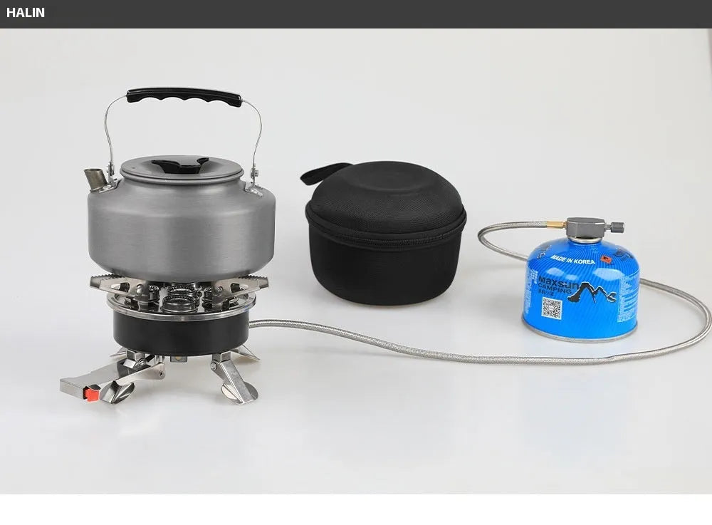 Silver stainless steel split camping stove with folded legs and a coiled 100cm fuel hose, shown next to a ruler showing 155mm length.