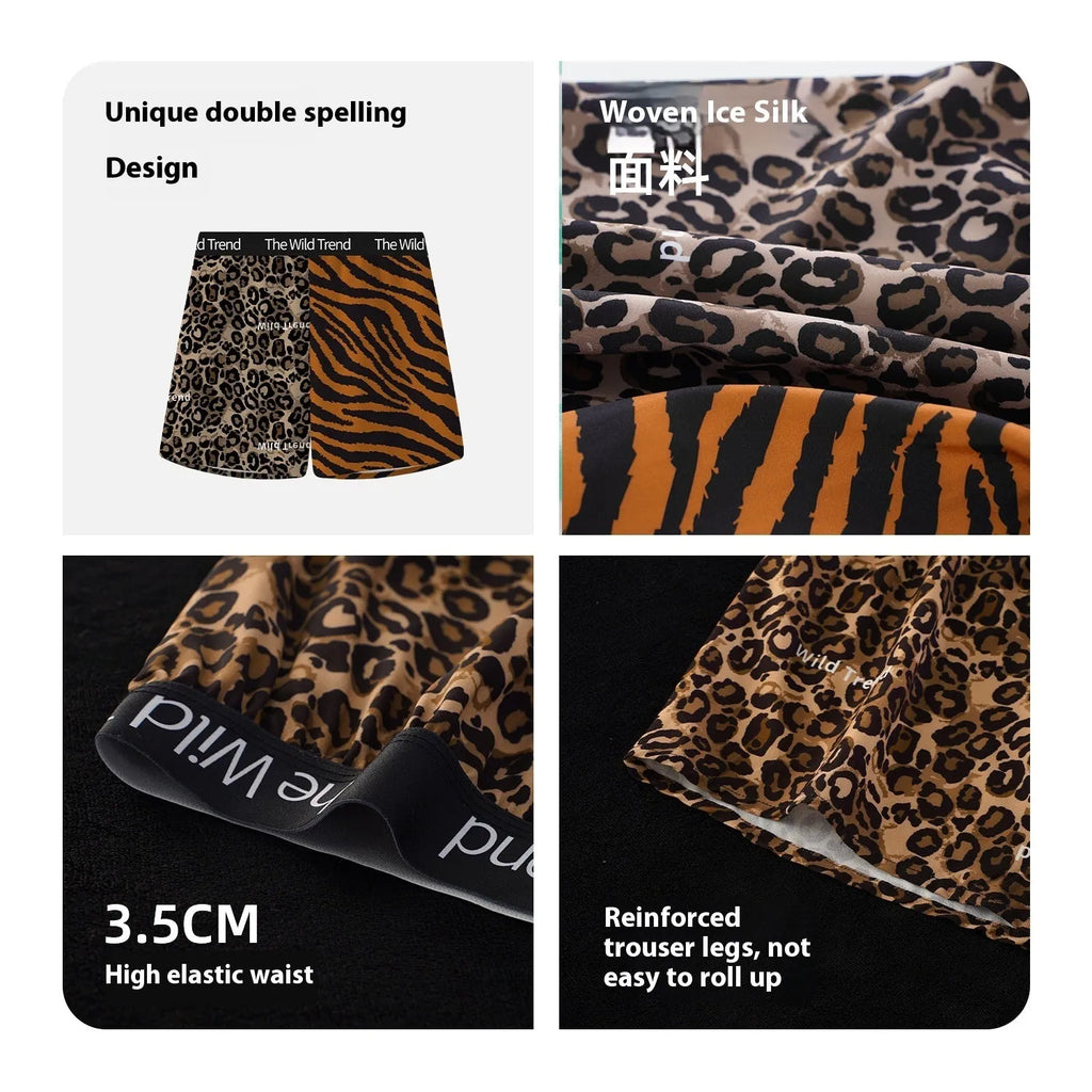 Leopard print men's casual woven shorts on a mid-waist, showing the quick-dry ice silk fabric texture.