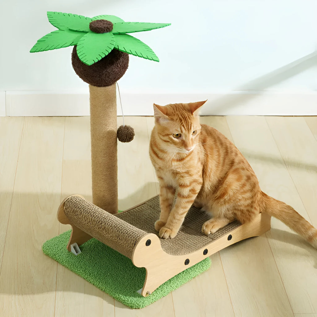 Wooden beach chair-style cat climbing frame with integrated hemp scratching mat.