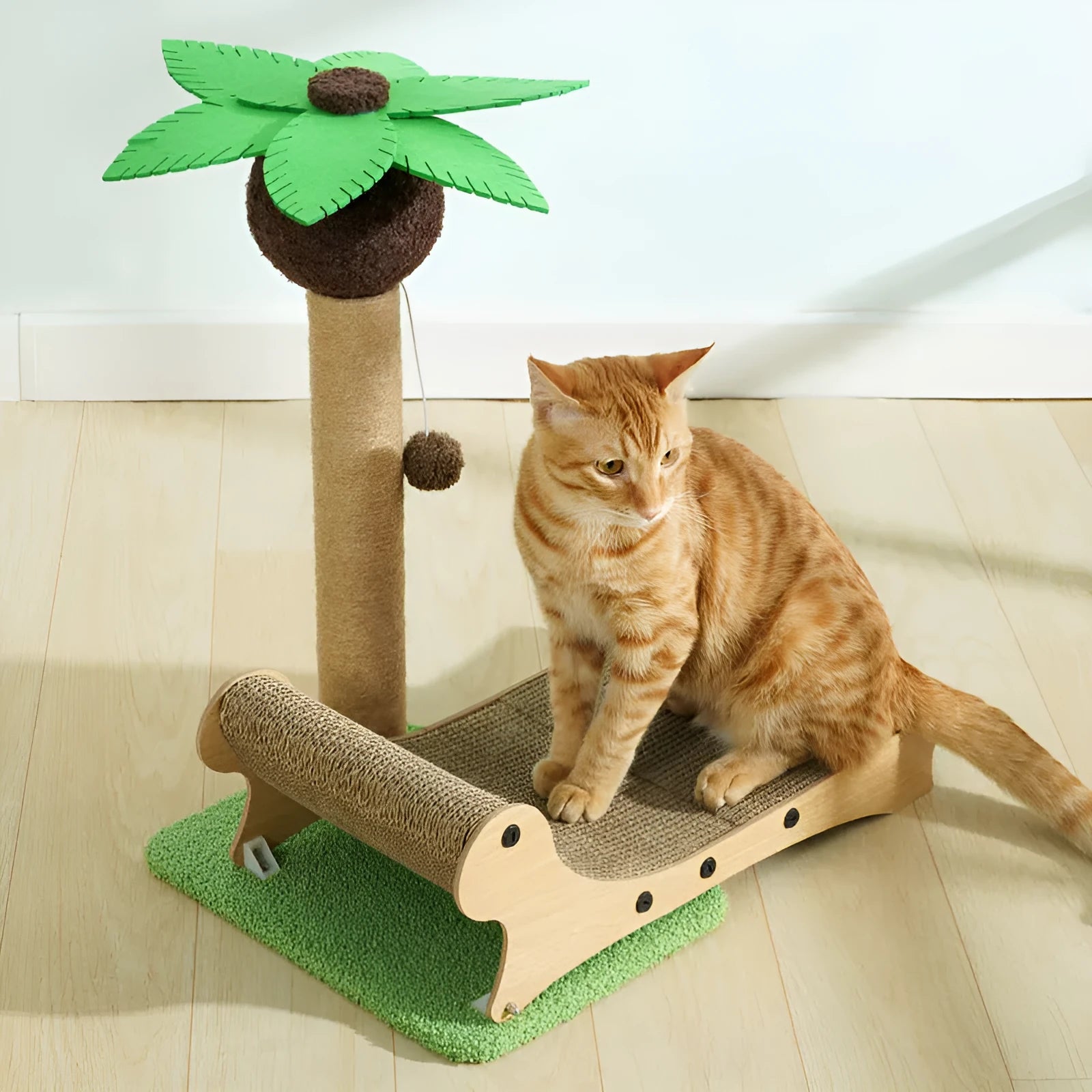 Wooden beach chair-style cat climbing frame with integrated hemp scratching mat.
