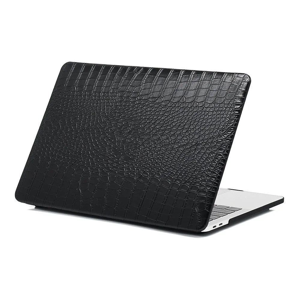 MacBook laptop protective case with leather pattern texture and hollowed-out Apple logo in black colour