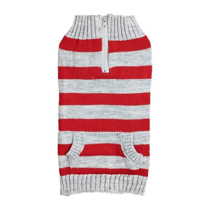 Grey dog jumper with contrasting colour trim, horizontal front zipper, and button-secured chest pocket