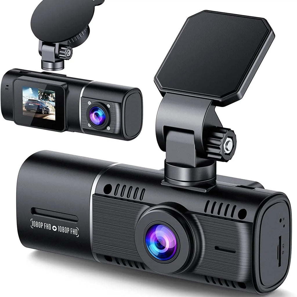 Black dual-channel car dash cam with 1.5-inch screen, front and rear cameras, mounted on a windscreen.