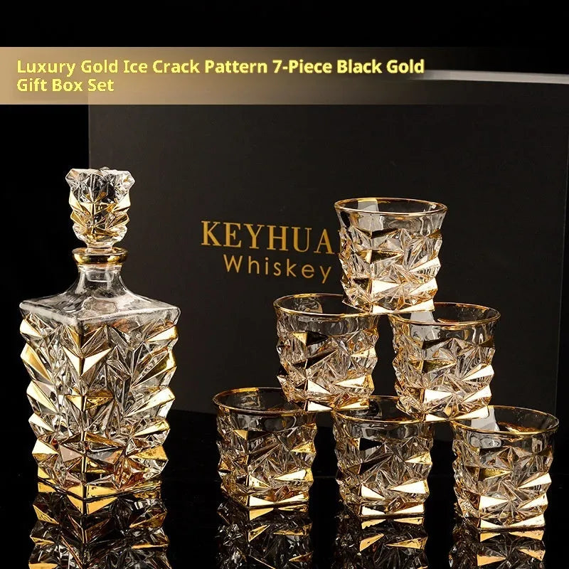 European gold painted wine glass set with ice crack pattern including six glasses and one bottle