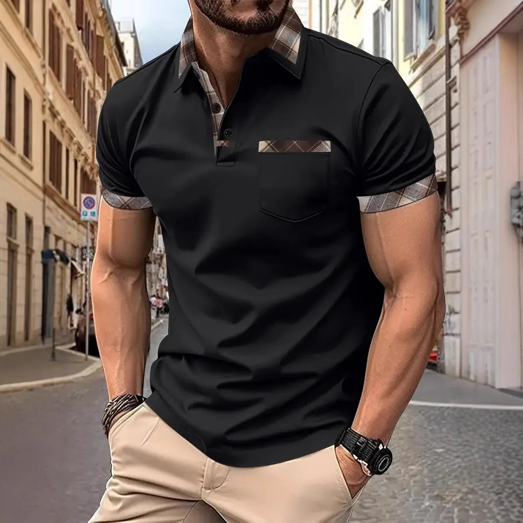 Men's loose fit short sleeve plaid colourblock T-shirt with zipper decoration.