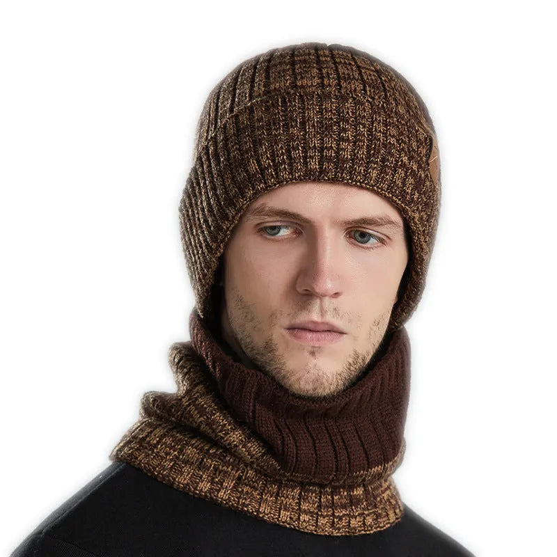 Fleece-lined thickened warm hat with neck warmer in black, dome crown style