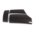 Three ABS protective covers with carbon fibre pattern for car armrest box, showing dimensions and buckle installation