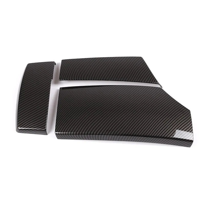 Three ABS protective covers with carbon fibre pattern for car armrest box, showing dimensions and buckle installation