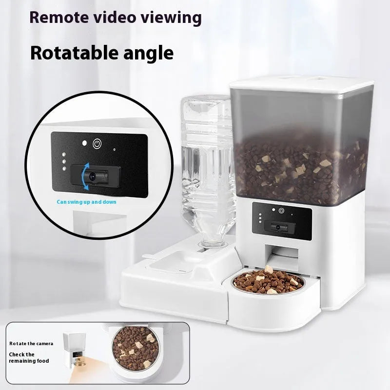 Stainless steel smart pet feeder with double bowl for food and water, showing control panel and 5L capacity.
