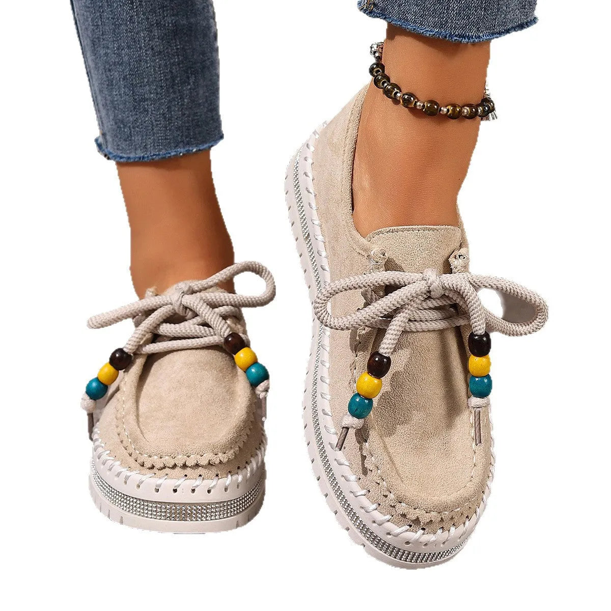 Retro full-covered thick-soled women's flats with suede upper and lace-up closure in beige