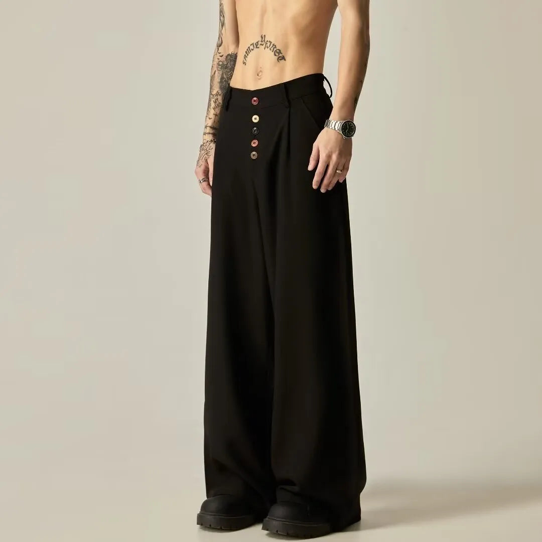 Men's solid colour vertical tube wide-leg casual trousers in black or brown with a mid waist