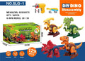 Children DIY plastic dinosaur building blocks set with Tyrannosaurus, Parasaurolophus, Triceratops, and Dilophosaurus in colour box