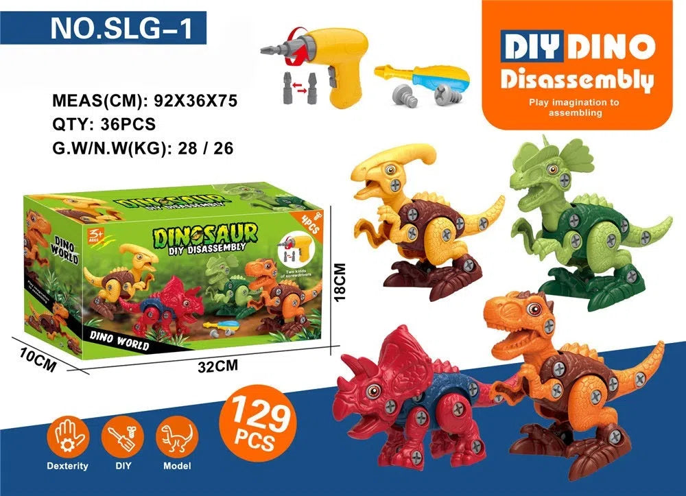Children DIY plastic dinosaur building blocks set with Tyrannosaurus, Parasaurolophus, Triceratops, and Dilophosaurus in colour box