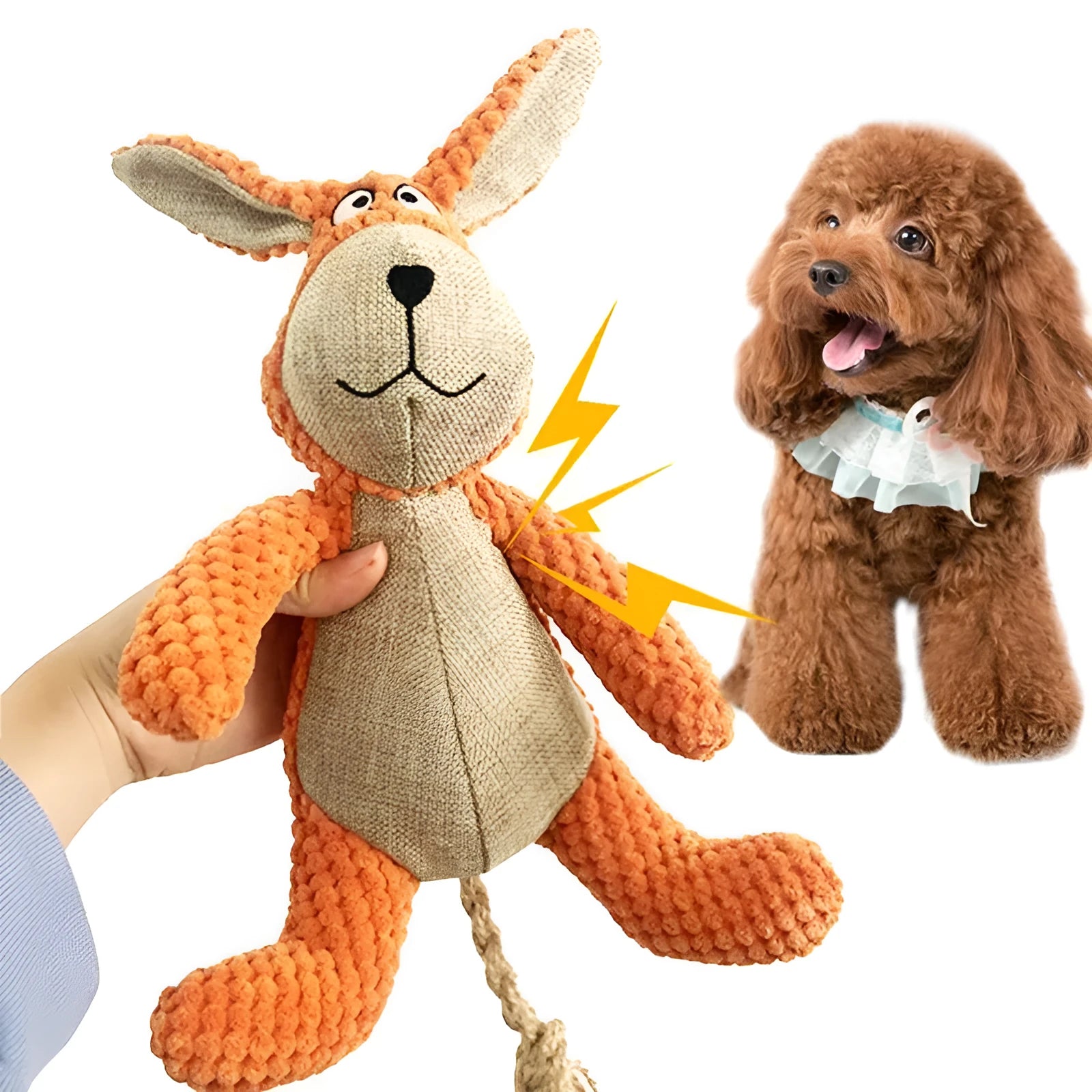 Plush squeaky dog toy in animal shape for chewing and teeth cleaning