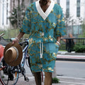 Men's peacock blue knitted casual shorts suit with matching T-shirt top