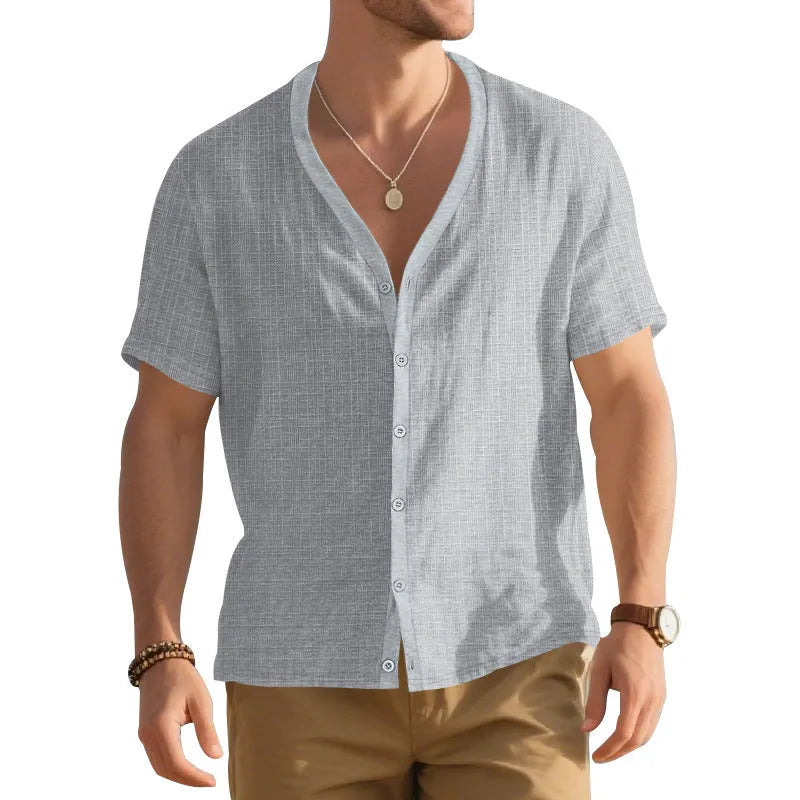 Men's loose-fit bamboo imitation linen short-sleeved Henley shirt in solid colour, front view