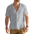 Men's loose-fit bamboo imitation linen short-sleeved Henley shirt in solid colour, front view