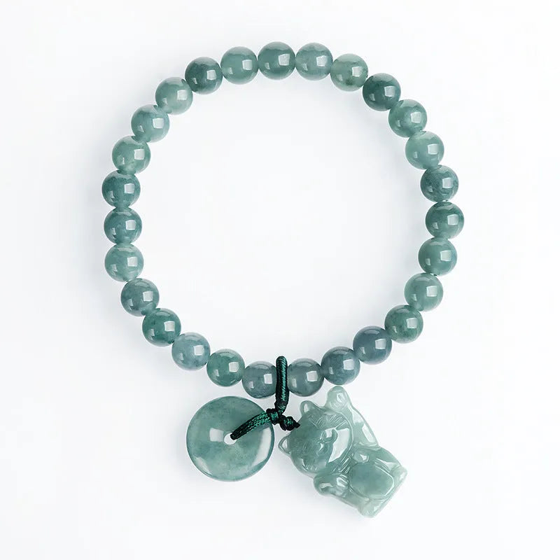 Emerald bead bracelet with blue lucky cat charm, hand woven for 14-16cm wrists