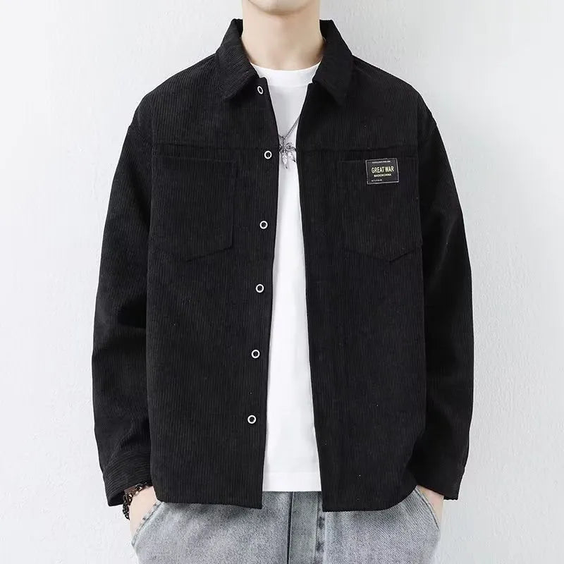 Men's corduroy casual jacket in cardigan style with long sleeves showing textured fabric