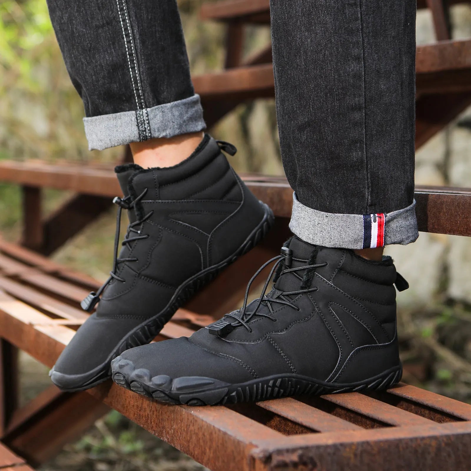 Five-finger waterproof fleece-lined hiking boots in beige, grey, black, or wine red with a rubber sole.