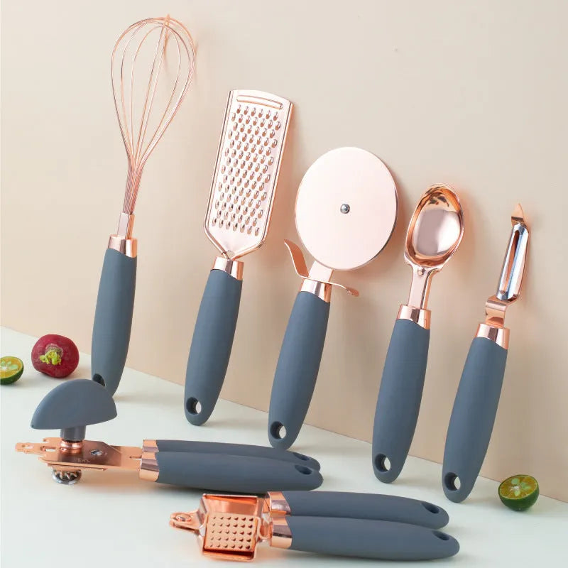 Seven-piece kitchen utensil set with stainless steel blades and copper-plated handles in multiple colour options