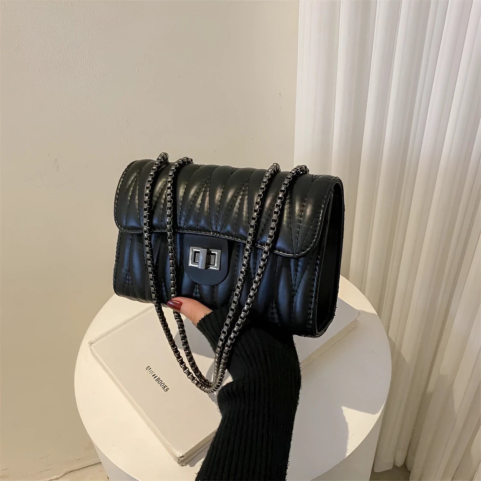Small beige retro textured diamond pattern PU crossbody bag with a single strap, shown next to a mobile phone for scale.