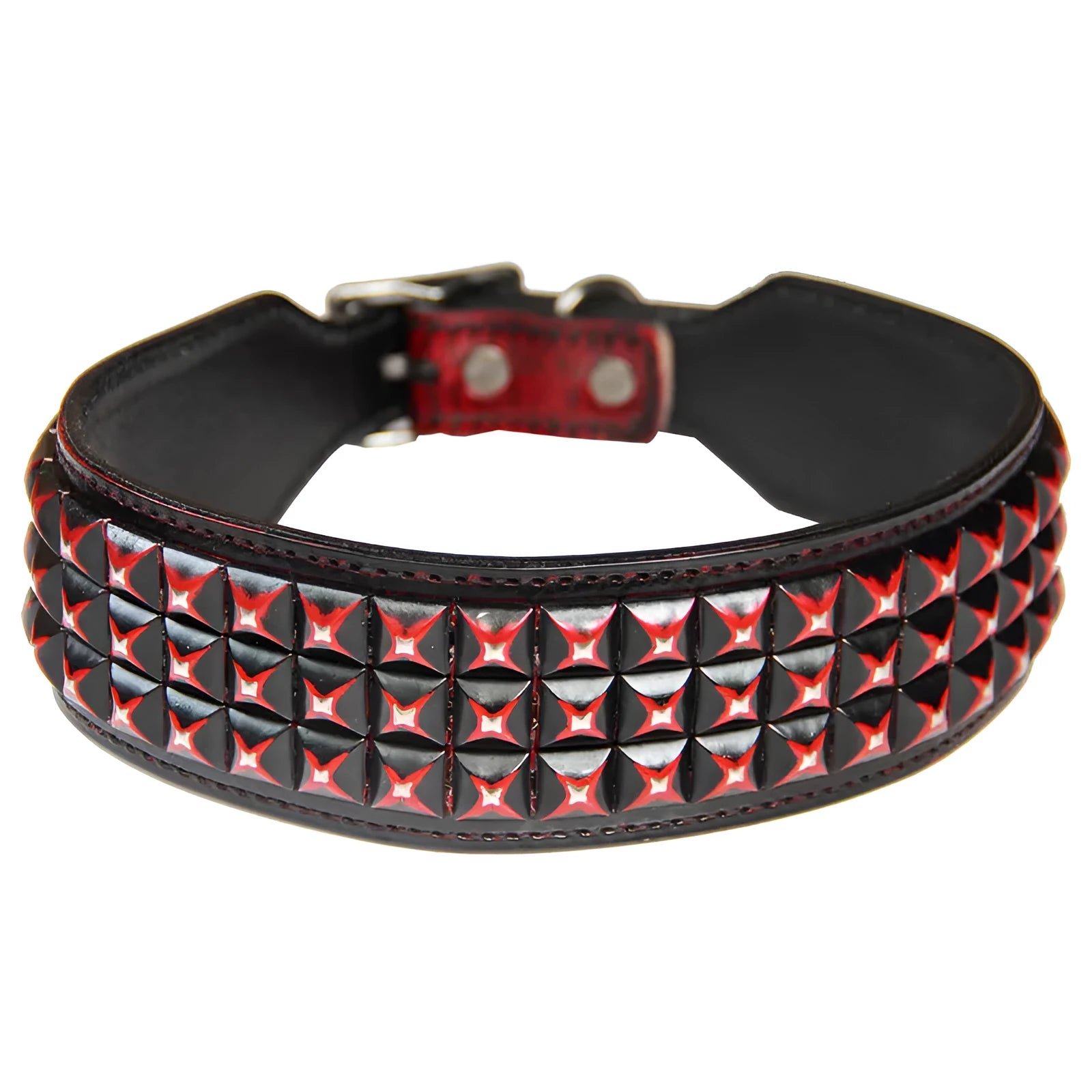 Leather dog collar with large metal rivets in a choice of five colours, laid flat.