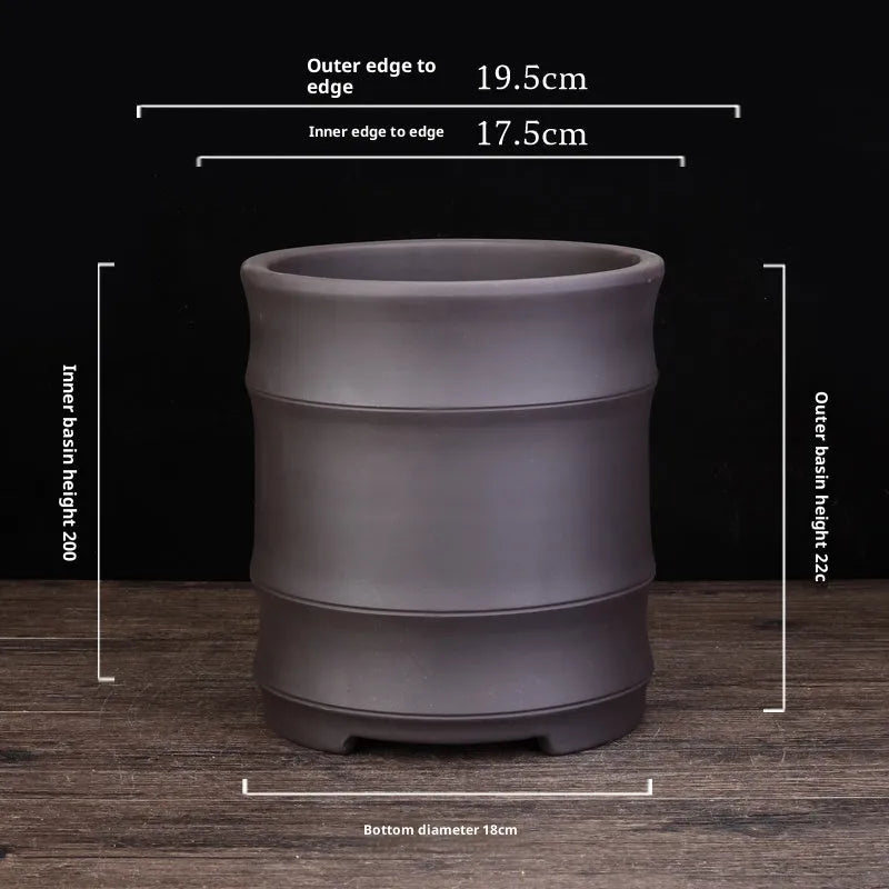 Fine Zisha large diameter bamboo joint flowerpot in classical purple sand with 19.9cm caliber and 22cm height