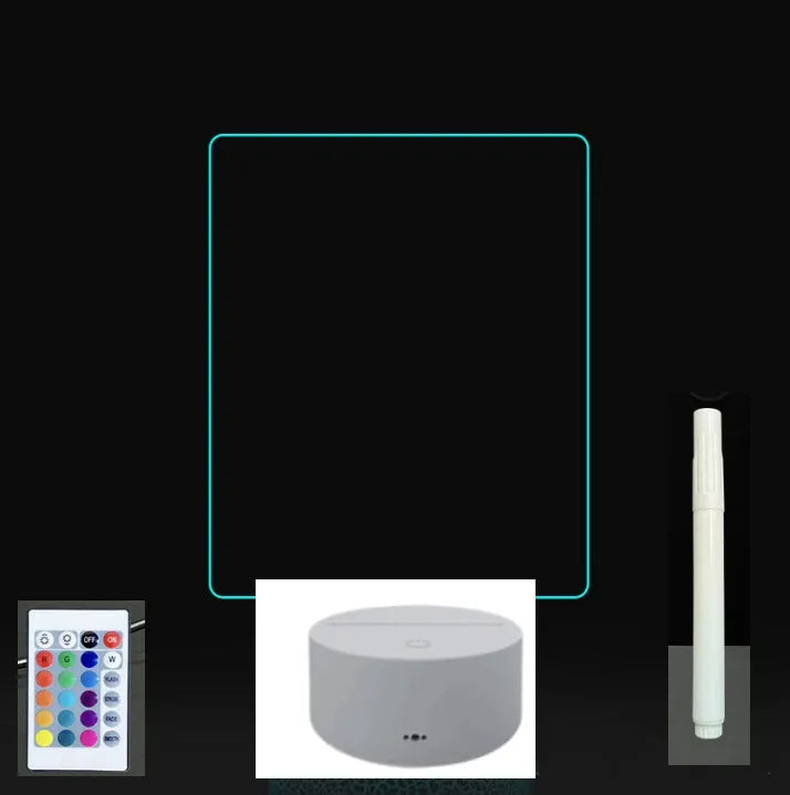 3D acrylic LED message board with touch control, black ABS base, USB cable, and stylus pen on desk