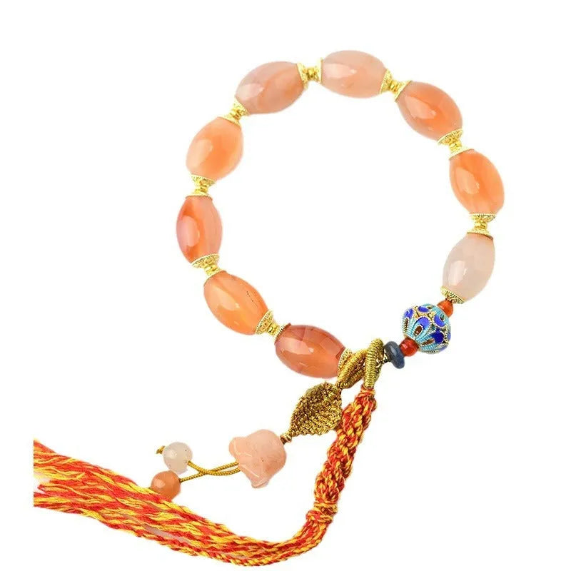 Jinsi jade agate Tibetan bracelet with lily flower and geometric bead designs