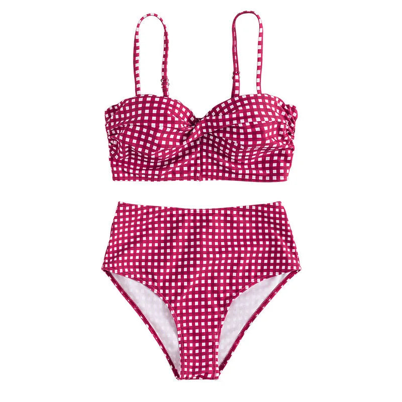 Women's plaid print bikini swimsuit with high-waisted bottoms and a matching top.