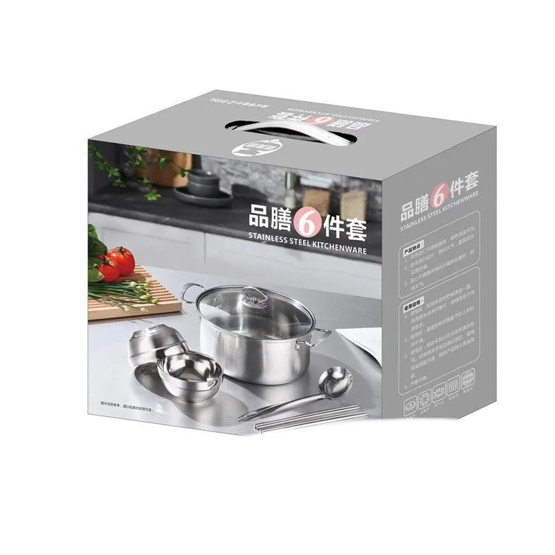 Six-piece stainless steel kitchen pot set with glass lid and tableware in colour box