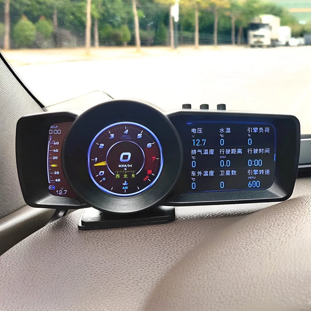A600 monitor driving computer with TFT screen showing vehicle data, OBDII cable, and mounting tools