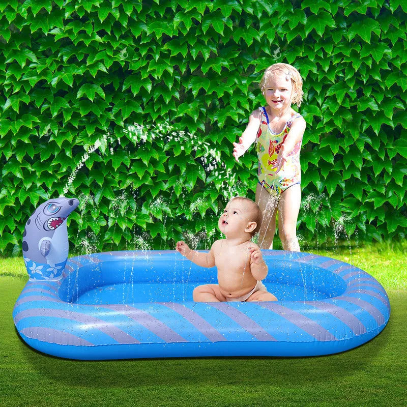 Blue dinosaur-shaped inflatable pool with spray jets for children's water play
